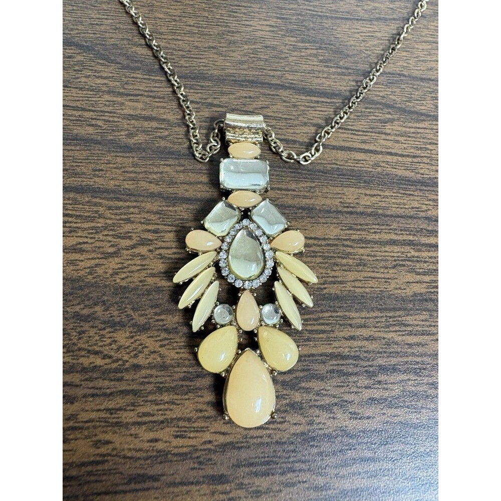 Vintage 1960s Long Chain Gold Tone Bib Necklace Peach Cabochons